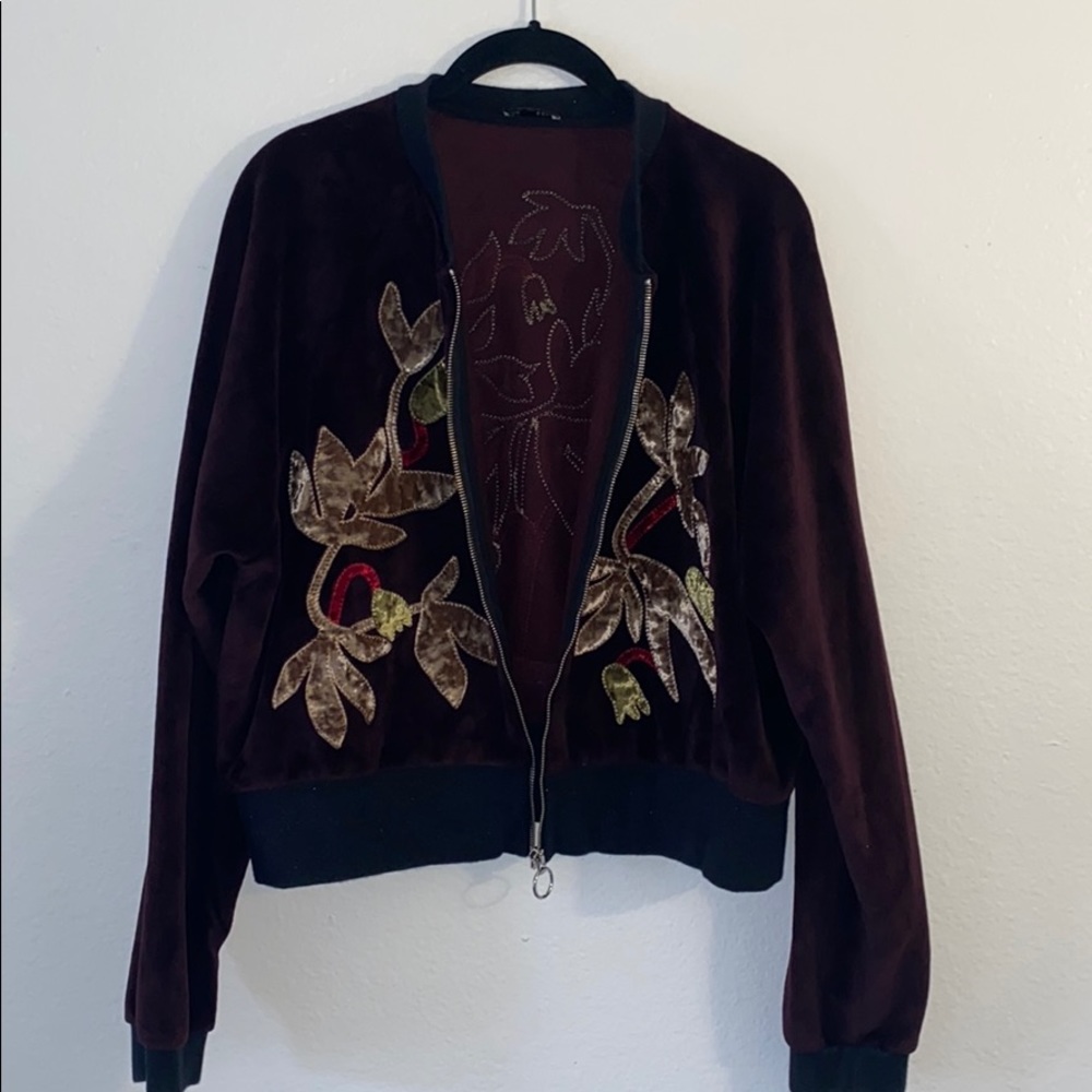 ZARA BURGUNDY PATCHWORK VELVET BOMBER JACKET - Picture 2 of 5